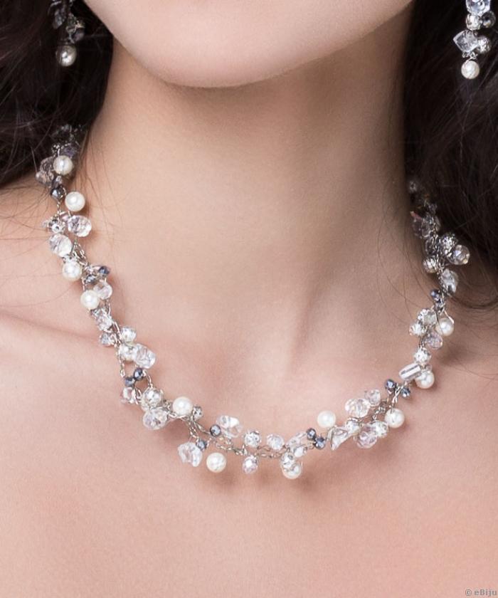 Colier pentru mirese din perle de sidef, cristale şi sticlă