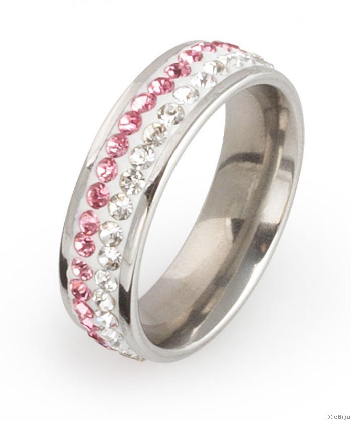 Inel argintiu cu cristale roz si albe, 18 mm