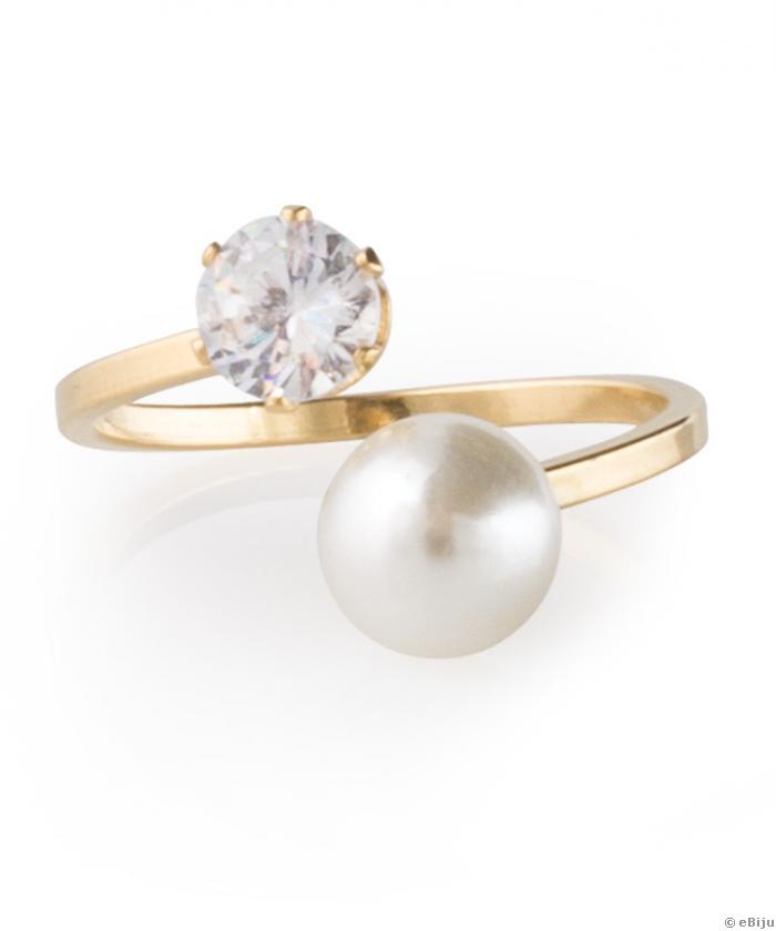 Inel oţel inox cu perlă şi cristal, 16 mm