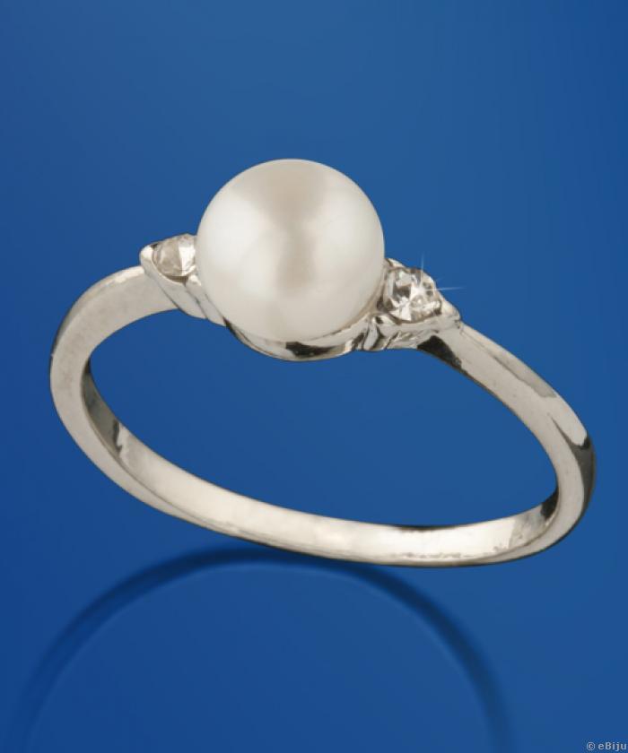 Inel perla de cultura cu strasuri albe, marime 16 mm