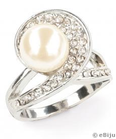 Inel perlă de sticlă crem și cristale albe