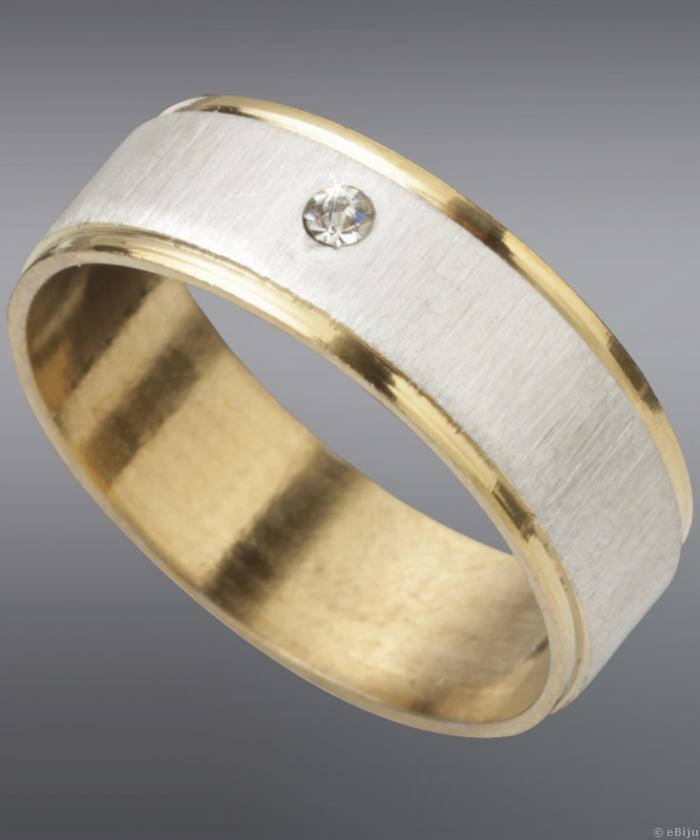 Inel unisex argintiu cu auriu din otel inox, cu cristal alb (17mm)