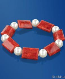 Bratara coral rosu si perle de sticla