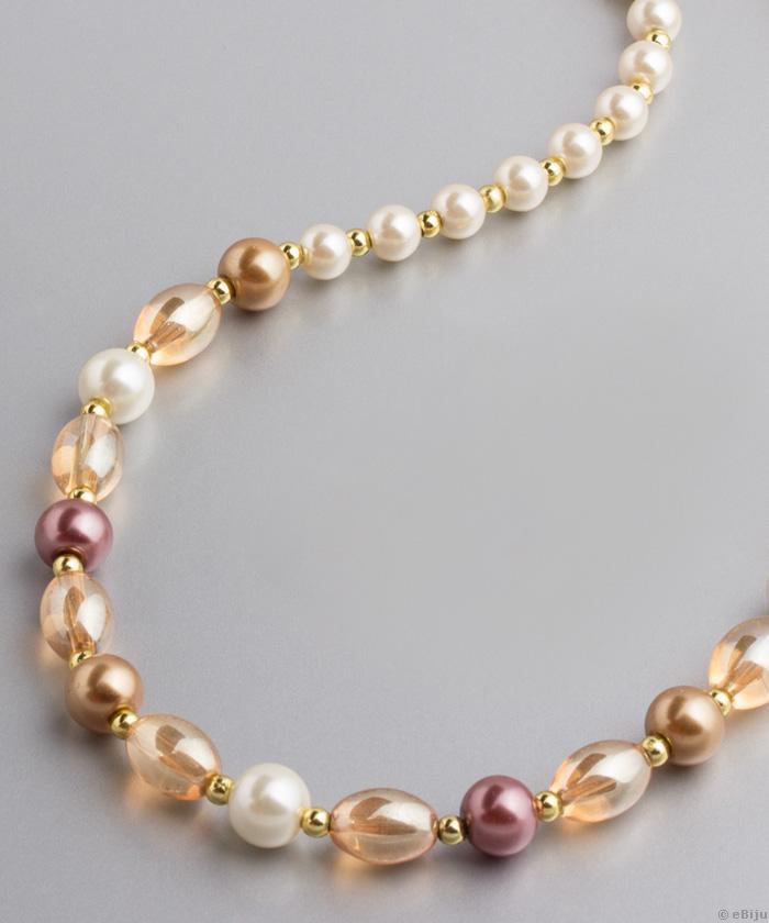Colier din perle ovale semitransparente cu perle de sticlă crem şi bordo