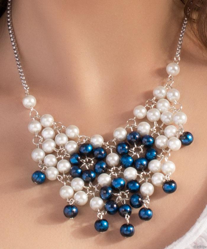 Colier statement perle de sticlă albe şi albastre