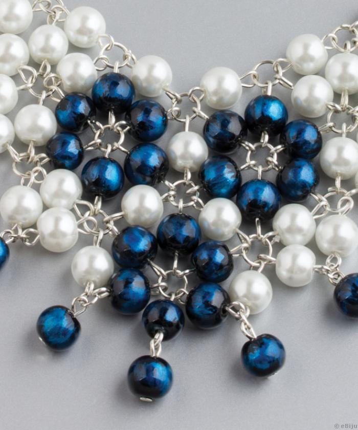 Colier statement perle de sticlă albe şi albastre