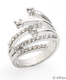 Inel argintiu cu cristale, formă abstractă