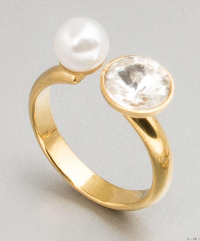 Inel auriu cu cristal si perla, 17 mm