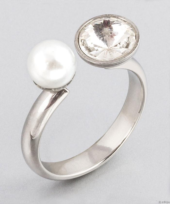 Inel din oţel inox argintiu, cu perlă şi cristal, 17 mm