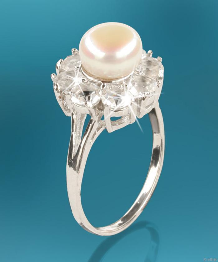 Inel floare perla de cultura si cristale (16 mm)