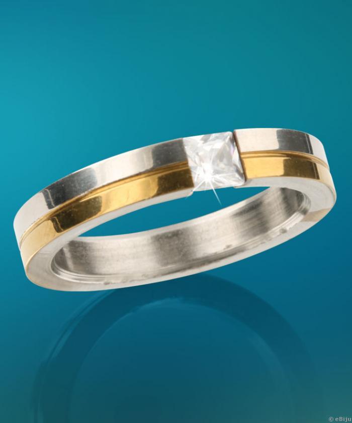 Inel unisex argintiu cu auriu si piatra zirconiu (marime 20 mm)